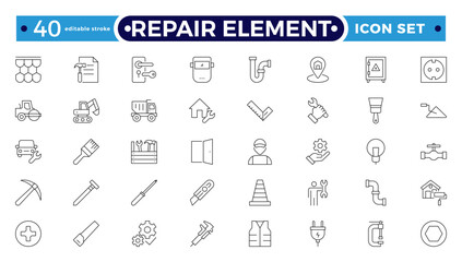 Repair Element outline icon set. Containing fix, maintenance, toolbox, assistance, broken, troubleshoot, patch, and repairman service icons. Editable stroke outline icon.
