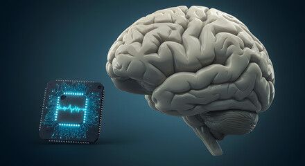 Human brain and digital microchip representing brain-computer interface