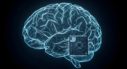 Digital brain with implanted microchip symbolizing brain-computer interface