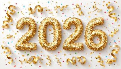 Close-up of gold 2020 sign with colorful confetti scattered on a white background.
