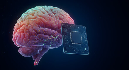 Colorful human brain with circuit board illustrating brain-computer interface