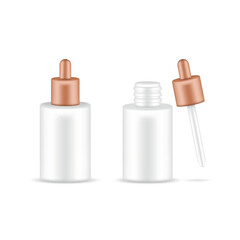 Set of realistic cosmetic bronze bottles with pipette on white background