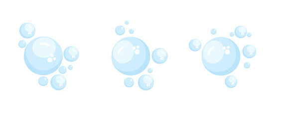 Vector blue bubbles set. Soap foam air bubbles of various sizes, blue and transparent PNG. Flat design elements for kids illustrations, cleaning ads