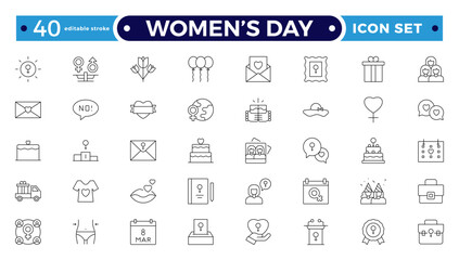 Women’s Day Outline Icon Set. Feminine symbols for empowerment, equality, leadership, motherhood, celebration, solidarity, strength, feminism, unity, rights, inspiration. Editable stroke outline icon.