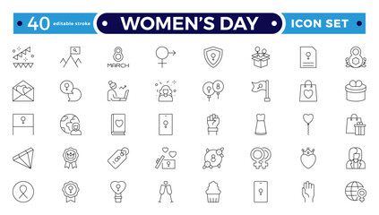 Women’s Day Outline Icon Set. Feminine symbols for empowerment, equality, leadership, motherhood, celebration, solidarity, strength, feminism, unity, rights, inspiration. Editable stroke outline icon.