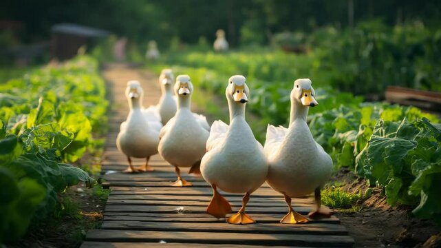 White ducks waddling across wooden walkway between rows of vibrant vegetable crops, showcasing peaceful farmyard life with free range poultry roaming organic garden landscape