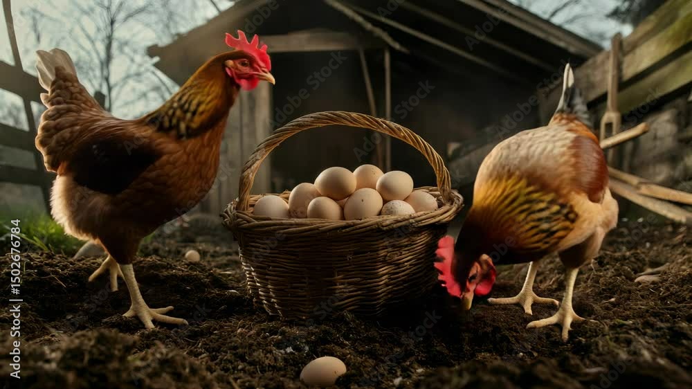 Poster two hens explore a wicker basket overflowing with freshly laid eggs, showcasing a typical scene from