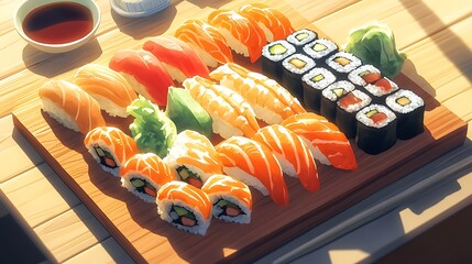 Assorted Sushi Platter with Maki Rolls and Nigiri on a Wooden Board