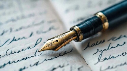 Fountain pen resting on top of a piece of paper with handwriting. the pen has a black body with gold accents and a gold nib.