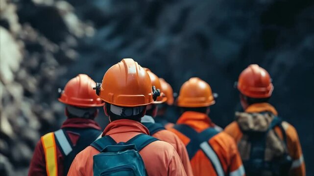 A group of miners from behind wearing helmets. 4k animation video