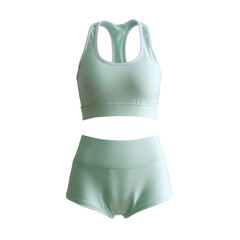 Pastel mint green sporty racerback bikini with high-waisted bottoms, isolated on transparent background.