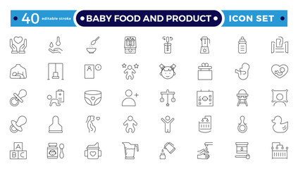 Baby Food and Product outline icon. Includes thin line concept, food, element, meal, feed, nutrition, pack, milk. Set of line pictogram. Editable stroke outline icon.
