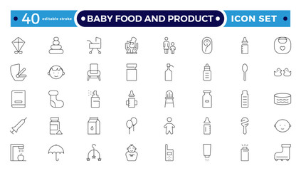 Baby Food and Product outline icon. Includes thin line concept, food, element, meal, feed, nutrition, pack, milk. Set of line pictogram. Editable stroke outline icon.
