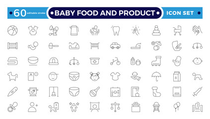 Baby Food and Product outline icon. Includes thin line concept, food, element, meal, feed, nutrition, pack, milk. Set of line pictogram. Editable stroke outline icon.
