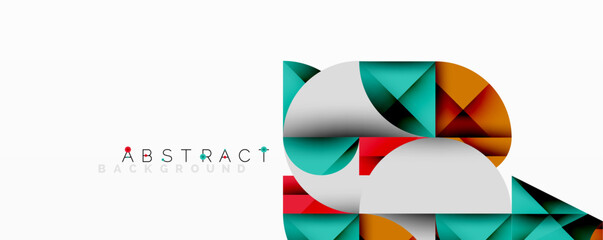Modern geometric design. Colorful triangles form abstract shapes over white background. Minimalist style, clean lines, vibrant hues.