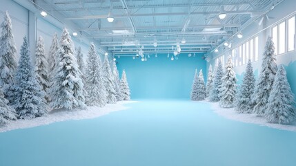 Indoor room filled with snow-covered trees creating a winter forest scene with white and green tones.