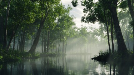 Misty Morning River in Enchanting Green Forest