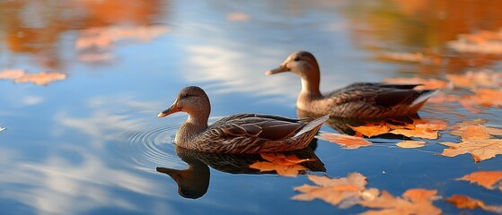 Two Ducks on a Lake in Autumn