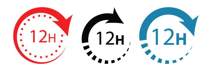 12 hours service vector symbol. 12h service duration sign. 12 h discount offer icon set. Fast 12hr support sign collection.