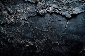 A close-up of a dark, rough textured stone surface with cracks and crevices