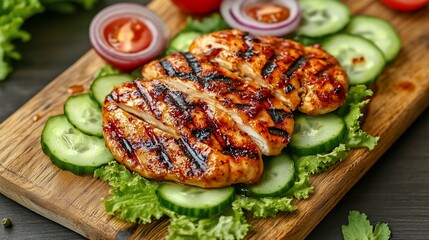 Grilled Chicken Breast Slices with Fresh Cucumber and Lettuce Salad