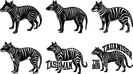Tasmanian Tiger Silhouettes: Thylacine Extinct Animal Vector Art Illustration, Black and White Graphics, Wildlife Icon Set, Australian Fauna

