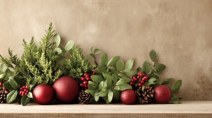 Three red Christmas ornaments displayed on a shelf with green evergreen branches against a white background.