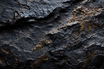 Close-up of a dark, rough, textured rock surface with streaks of golden color