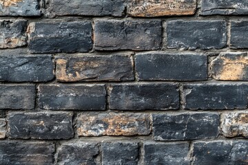 Close-up of a weathered brick wall with a mix of dark and light bricks