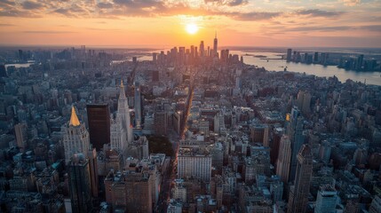 Obraz premium A breathtaking aerial view at sunset, showcasing the Empire State Building and glowing skyline..