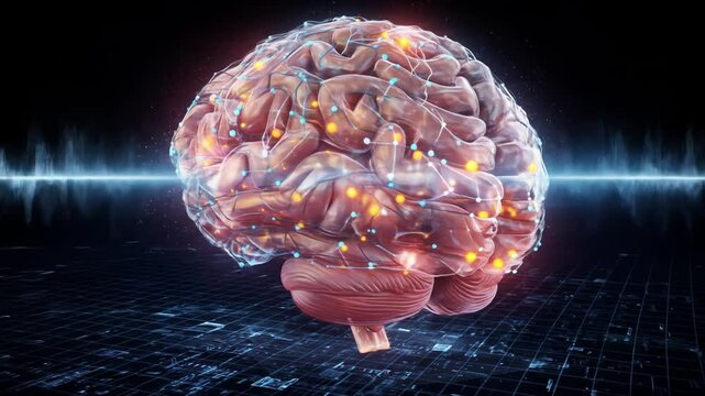 Digital illustration of a human brain with technological overlay