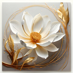 A decorative artwork featuring a large white flower with golden accents and leaves.