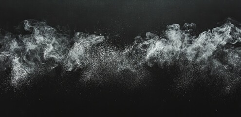 Abstract white smoke wisps and particles against a black background
