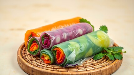 Rainbow veggie spring rolls sliced on bamboo board