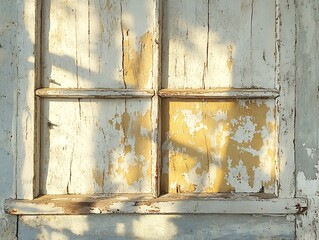 Distressed weathered window paneling with peeling paint in sun dappled light