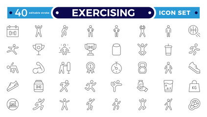 Exercising outline icons related to wellness, wellbeing, mental health, healthcare, cosmetics, spa, medical, massage, yoga, spa, relaxation, and diet. Wellness icon set. Editable stroke outline icon.
