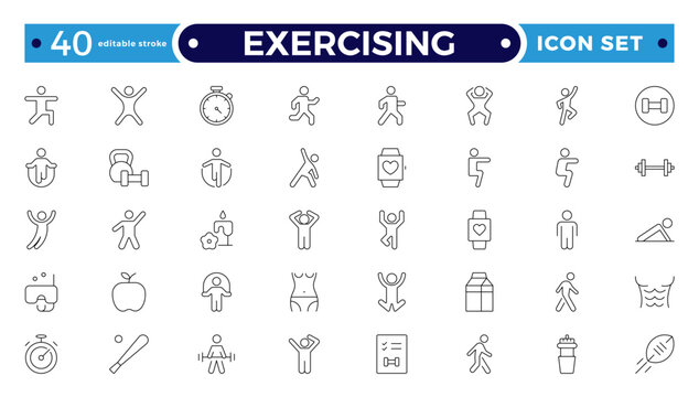 Exercising outline icons related to wellness, wellbeing, mental health, healthcare, cosmetics, spa, medical, massage, yoga, spa, relaxation, and diet. Wellness icon set. Editable stroke outline icon.
