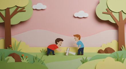 Two boys play with toy airplane outdoors