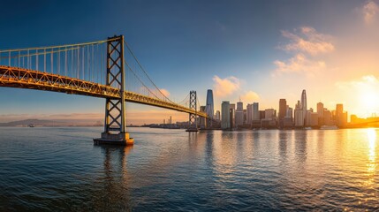 Fototapeta premium A classic panoramic view of skyline with the Bay Bridge glowing under golden summer sunset light..
