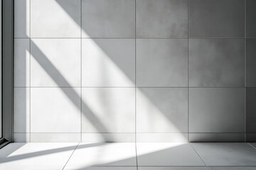 Obraz premium Sunlight streams into a modern, tiled bathroom or hallway