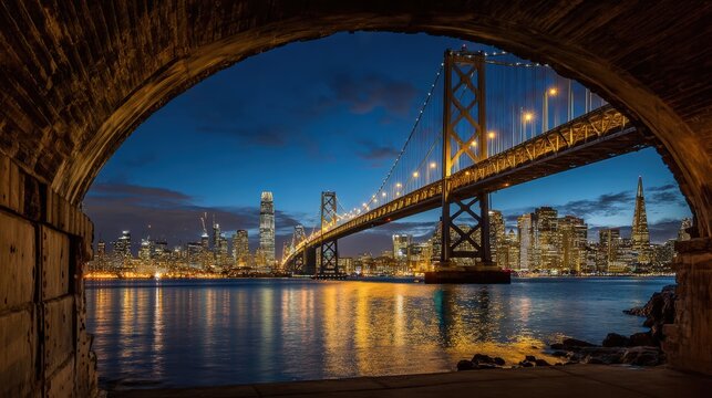 A classic west coast scene with skyline framed by the glowing arches of the Oakland Bay Bridge..