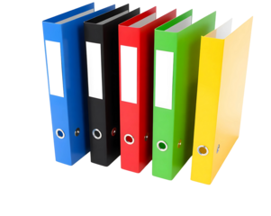 Colorful office ring binders and folders for document organization