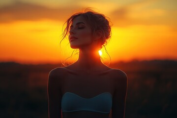 A woman at sunset, silhouetted against a vibrant orange sky.  Her expression is peaceful and contemplative