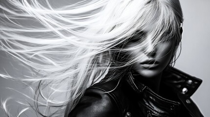 Windswept Elegance: Monochrome Portrait of a Woman with Flowing Hair