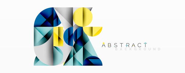 Geometric shapes overlap, creating modern design. Blue, yellow, teal hues dominate white backdrop. Minimalist aesthetic.