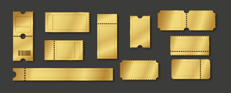 Gold ticket vector mockup collection. Elegant blank coupons and admission stubs for theater, festival, or gala. Glossy golden voucher designs on dark background.