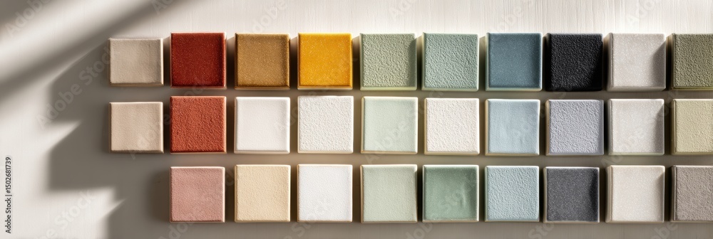 Leinwandbilder Ceramic Tile Palette Displayed on Light Surface With Upper Section Open for Selection and Natural Light Highlighting Different Hues