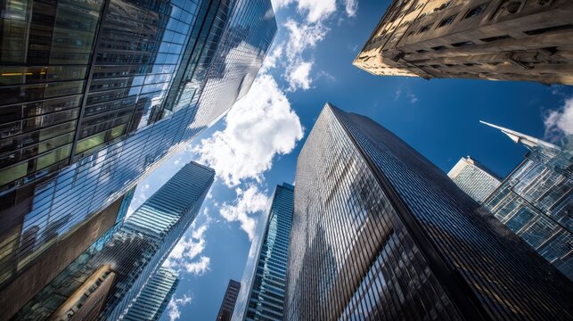 A dramatic skyline Financial District featuring sleek glass skyscrapers towering into a vivid blue sky..
