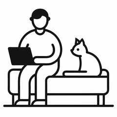 Freelancer working on bed with cat, lifestyle, home office setup