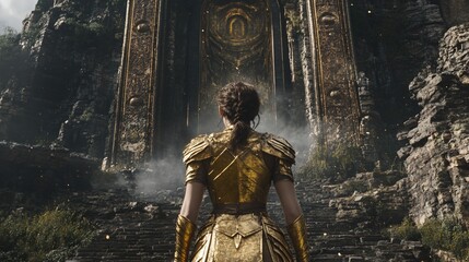 Golden Warrior Ascending Ancient Ruins Gateway